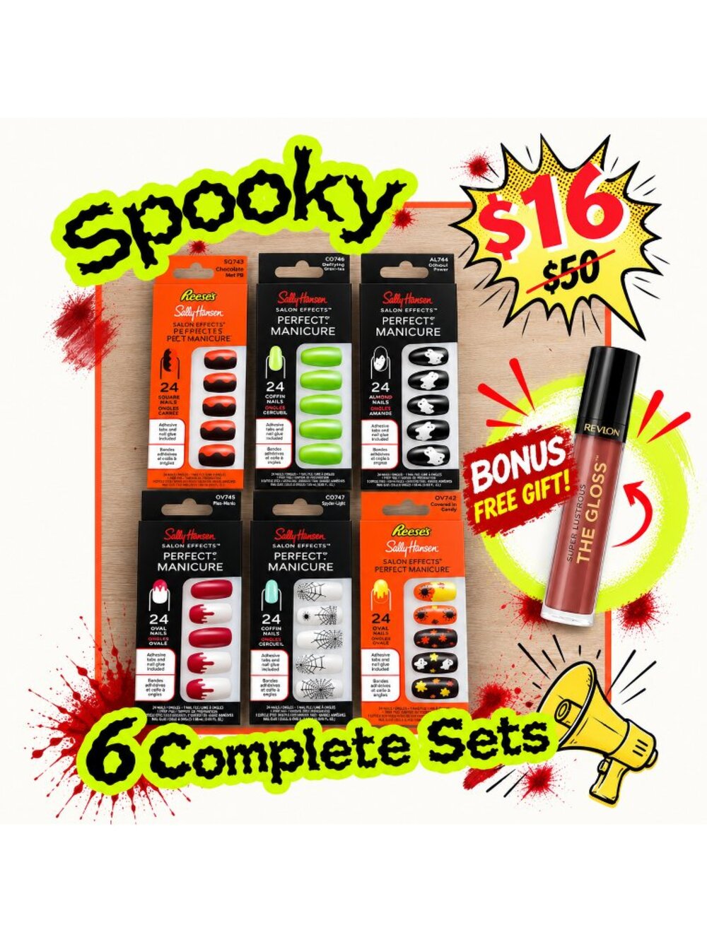 Sally Hansen Perfect Manicure Press On Nails Halloween Lot of 6 BONUS Lip Gloss